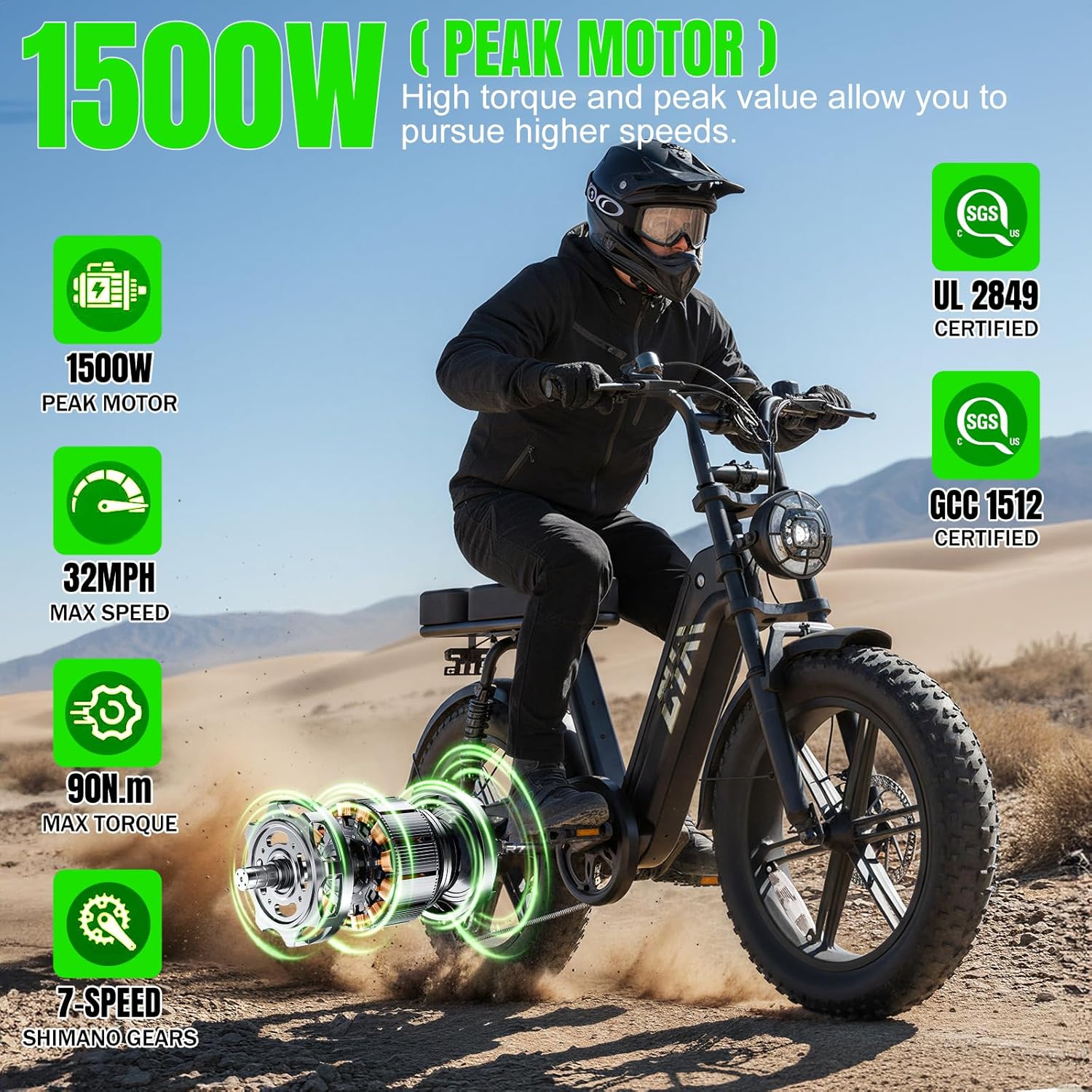 20" Fat Tyre Electric Bike for Adults, 1500W Peak Motor, 48V 15Ah Battery, 7-Speed E-Bike with Full Suspension