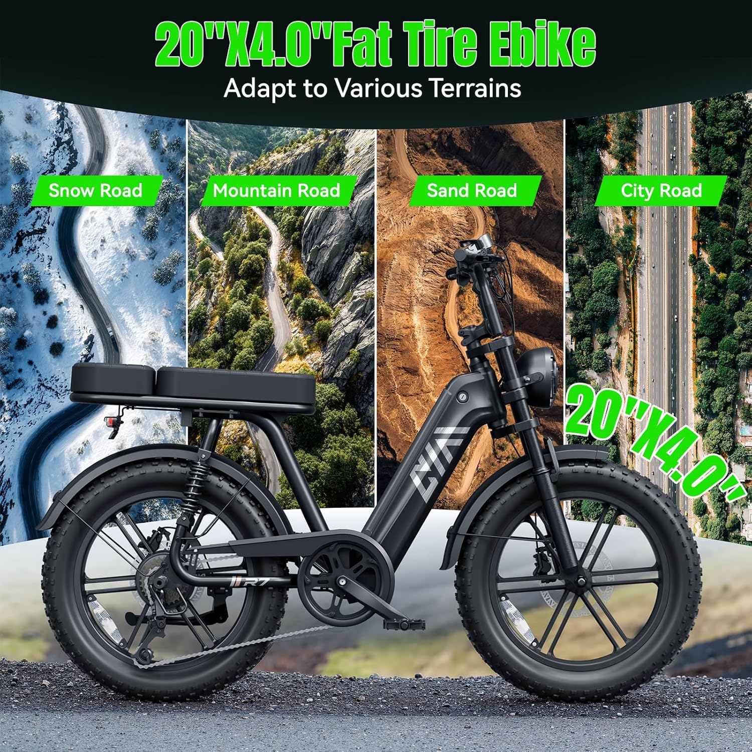 20" Fat Tyre Electric Bike for Adults, 1500W Peak Motor, 48V 15Ah Battery, 7-Speed E-Bike with Full Suspension