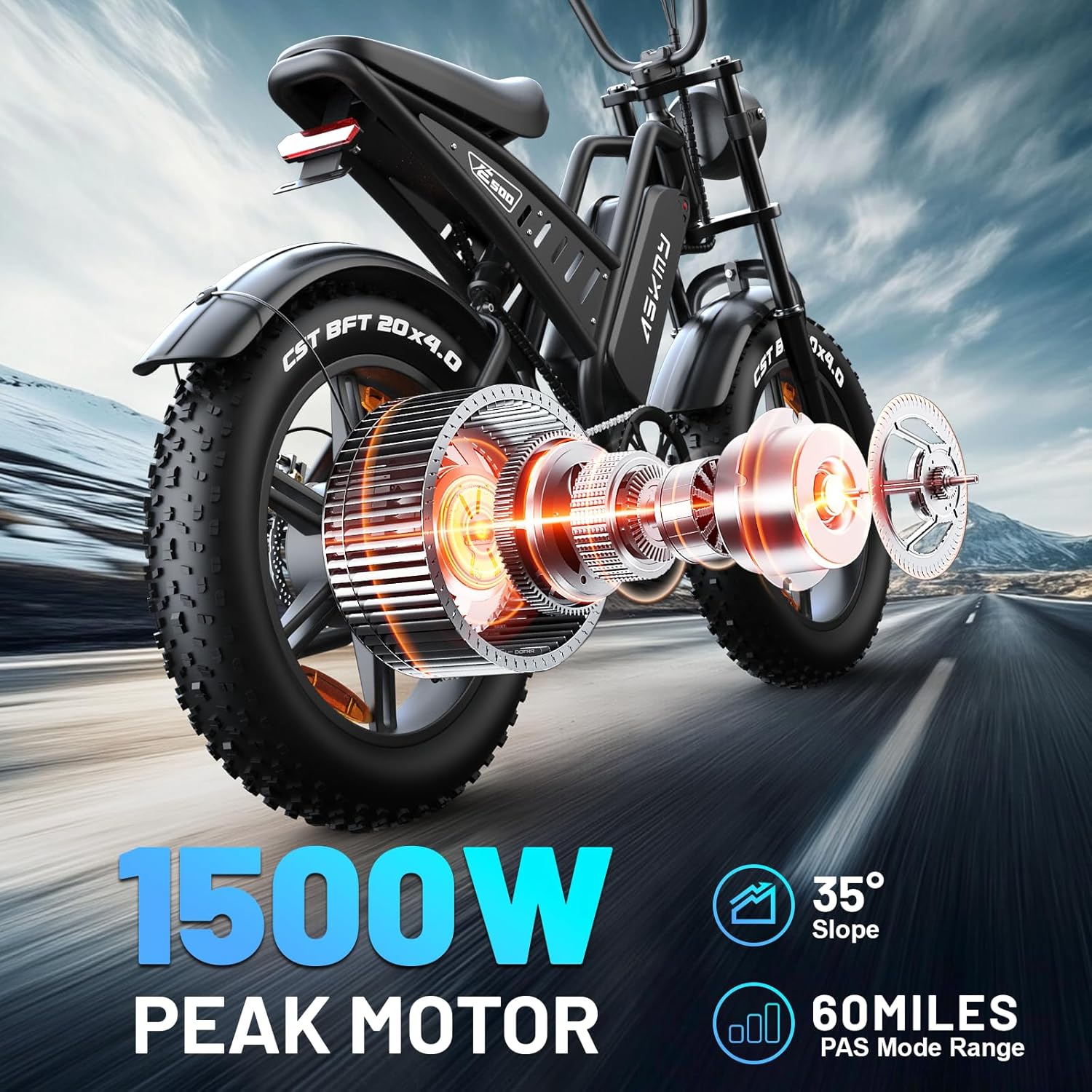 20" Fat Tyre Electric Bike for Adults, 48V 15Ah Removable Battery, 1500W Peak Motor E-Bike, 7-Speed Mountain Bike