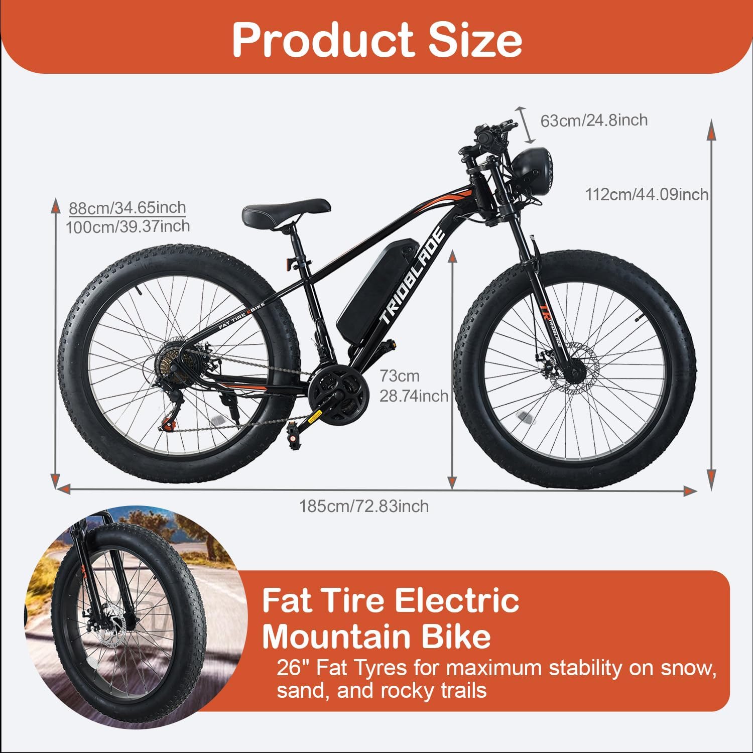 26" Fat Tyre Electric Bike for Adults, 36V 10.4Ah Battery, 250W Motor, 21-Speed E-Bike with LCD Display & Dual Disc Brakes